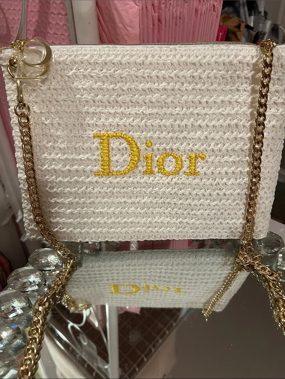 Dior Woven Pouch w-Logo and Gold Chain Attached